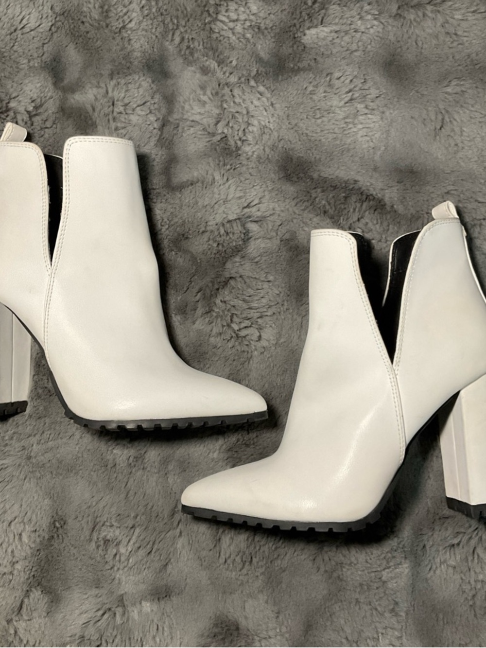 Qupid White Pointed Toe Lug Sole Block Heel Booties